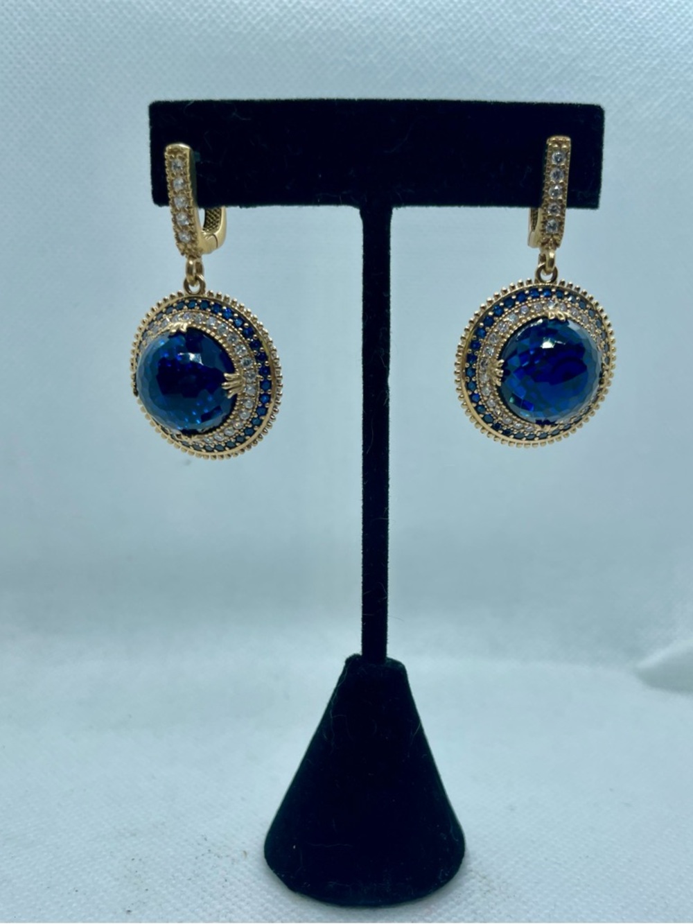 sterling silver over bronze , genuine sapphire and white topaz dangle earrings